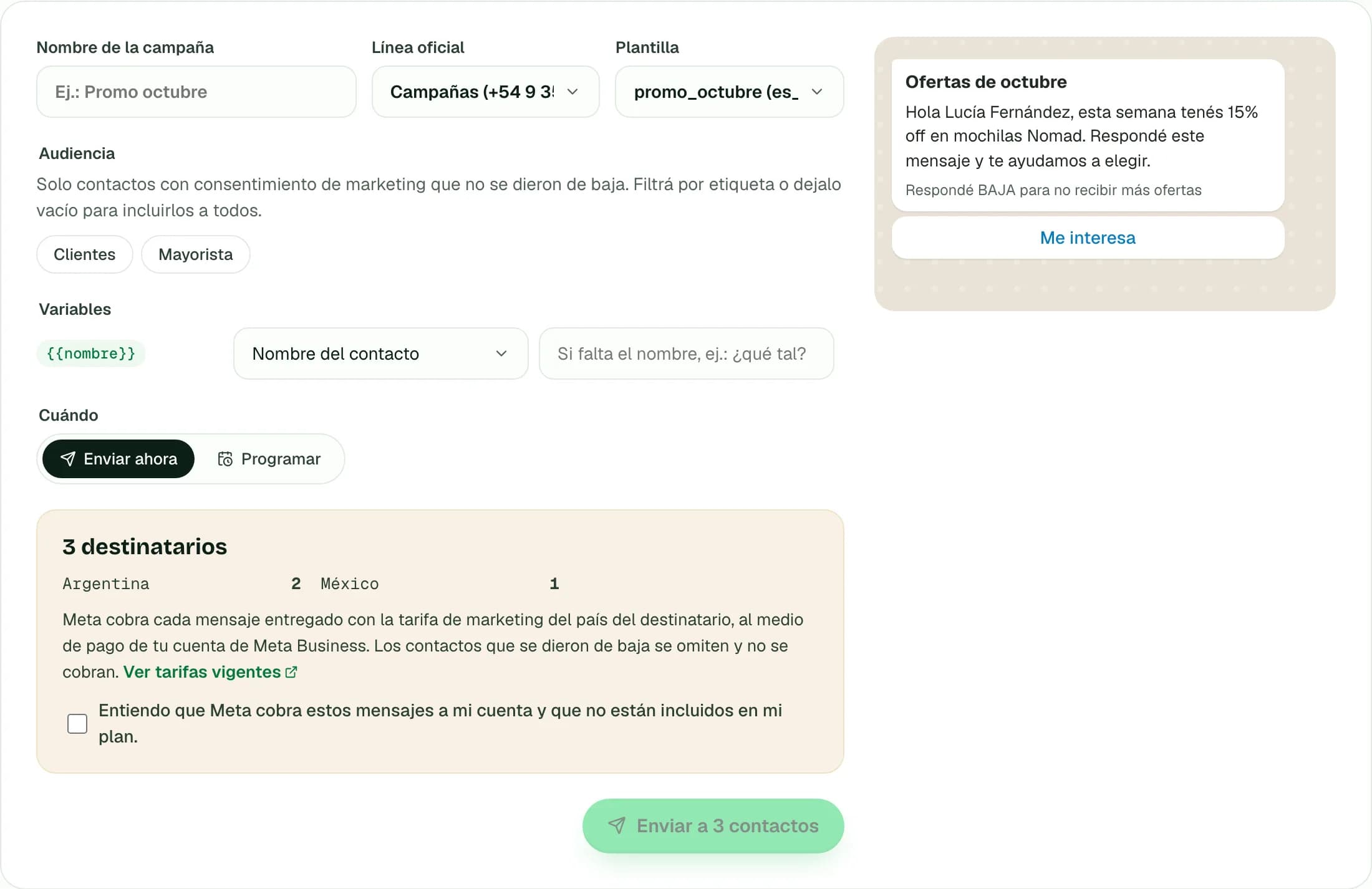 Armado de una campaña: audiencia, variables, destinatarios por país y aviso de costos de Meta