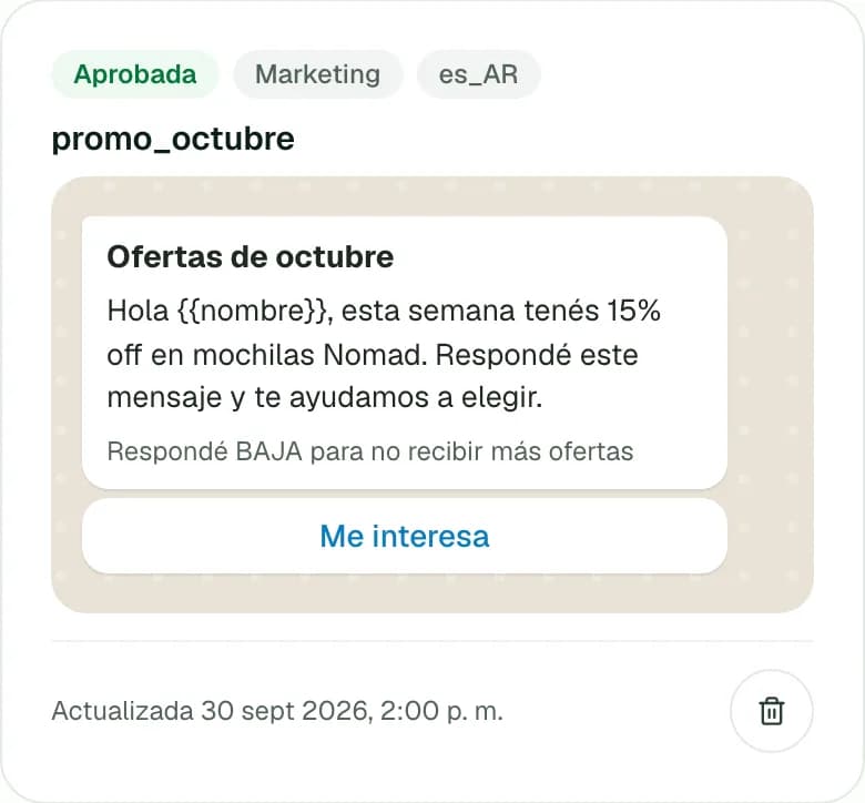 Plantilla aprobada por Meta con vista previa del mensaje