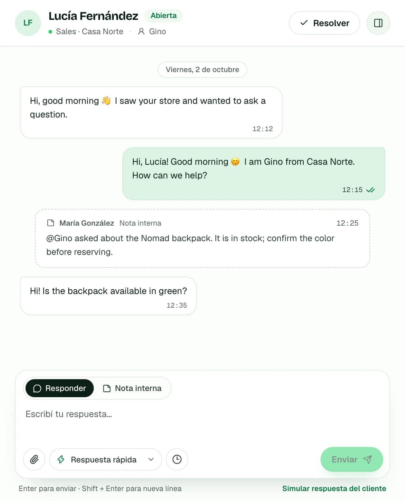 Chat con nota interna