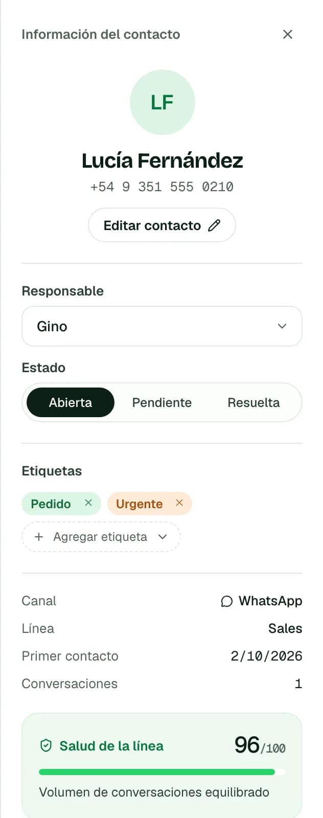 Ficha do contato com responsável, status e etiquetas